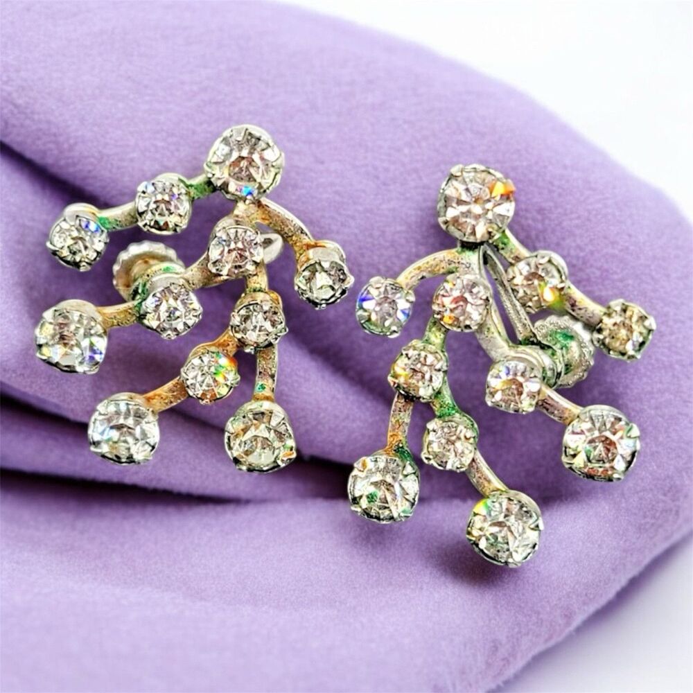 Earrings rhinestone screwback vintage silvertone clear stones 1 inch